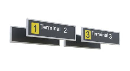 A set of 3 airport terminal signs isolated on white background, aviation and travel direction boards for passenger navigation, flight information, airport guidance, transport, and international travel