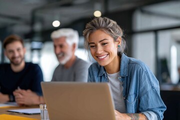Young woman with light brown hair, wearing a denim shirt, is smiling while working on a laptop in a modern office environment, showcasing teamwork and collaboration