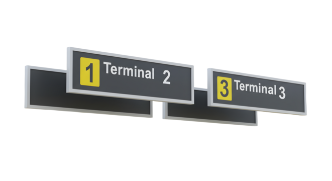 A set of 3 airport terminal signs isolated on white background, aviation and travel direction boards for passenger navigation, flight information, airport guidance, transport, and international travel - Powered by Adobe