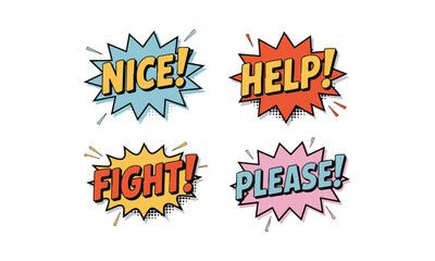 Comic Book Words Speech Bubble Set, Nice Help Fight Please Text Vector Design.