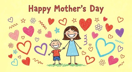 Happy Mothers Day Celebration With Family And Hearts Decoration