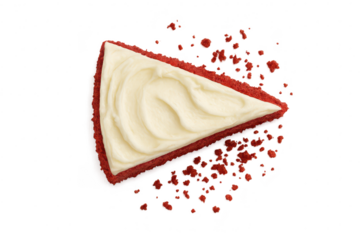 Decadent red velvet cake slice with cream cheese frosting, isolated subject