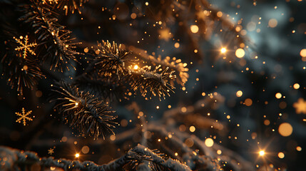 Golden Snowflakes, Frosted Pines, and Glowing Decorations Welcoming a Merry Christmas and a Joyful New Year. Happy new year