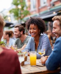 African American woman with curly hair is laughing joyfully at a lively outdoor cafe table surrounded by friends enjoying drinks and a vibrant social atmosphere