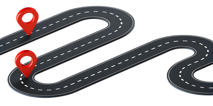 Winding asphalt road with red map markers isolated on a transparent background