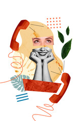 Vertical photo collage of happy girl face piece eyes mouth hands leaves telephone receiver call center isolated on painted background