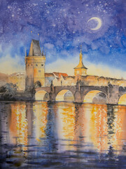 Charles Bridge at night with lights reflecting and illuminating in Vltava River, Prague, Czech Republic. Picture created with watercolors.
