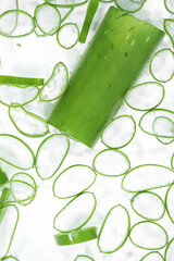 Top View of Sliced Aloe Vera Pieces on a White Background