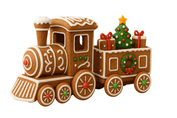 Decorative gingerbread Christmas train with festive icing details carrying holiday gifts and Christmas tree dessert treat isolated on white background