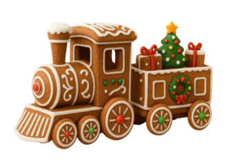 Decorative gingerbread Christmas train with festive icing details carrying holiday gifts and Christmas tree dessert treat isolated on white background