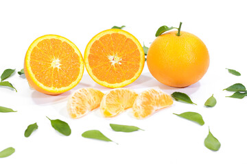 Whole, Halved, and Segmented Valencia Orange with Leaves on a White Background