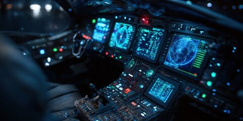 Futuristic Computer Console in Starship Cockpit with Glowing Lights