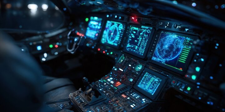 Futuristic Computer Console in Starship Cockpit with Glowing Lights