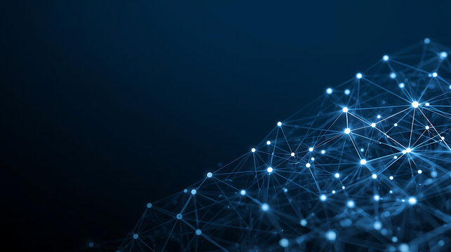 Abstract digital network background with connected white dots and lines forming a polygonal mesh structure on a dark blue gradient background, futuristic technology style, - Powered by Adobe