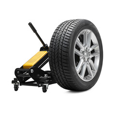 Fototapeta premium Car jack with tire on white background 