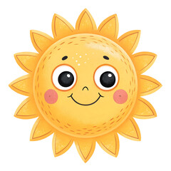 Obraz premium Cheerful smiling sun face emoji in playful style, isolated on white background, symbolizing warmth, happiness, positivity,