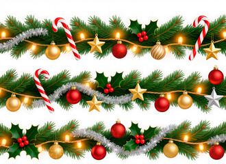 Set of Christmas garlands, holiday decorations, glitter tinsel, glow garlands, pine branches with decorations, Christmas tree balls, stars, candy canes