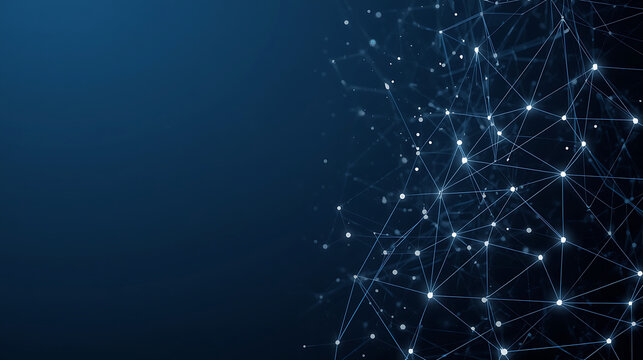 Abstract digital network background with connected white dots and lines forming a polygonal mesh structure on a dark blue gradient background, futuristic technology style, - Powered by Adobe
