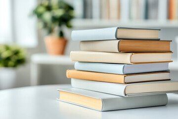 A neatly stacked collection of beige, gray, and off-white hardcover books on a pristine white surface. This minimalist arrangement speaks to modern literature and chic study environments.