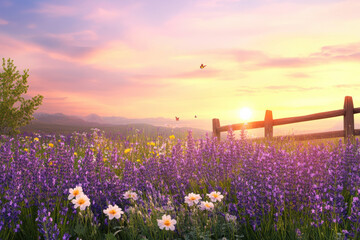 A breathtaking sunrise casts golden light across a lavender field, illuminating deep purple blossoms and scattered wildflowers. A wooden fence adds rustic charm to this idyllic countryside scene.
