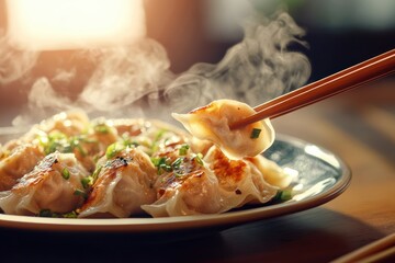 A steaming plate of Chinese dumplings is artfully presented, with chopsticks poised to grab one. The wisps of steam add a sense of warmth and authenticity to this culinary delight.