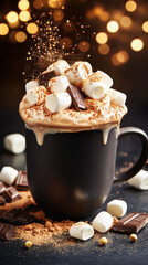 A steaming ceramic mug of hot chocolate adorned with glossy marshmallows invites indulgence. Scattered chocolate pieces and curls enhance this rich, comforting scene, perfect for chocolate lovers.