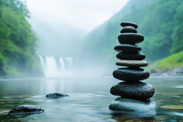 A mysterious stack of weathered stones near a foggy riverbank intrigues the senses. Ethereal light and a faint waterfall enhance the tranquil, glass-like water reflection, creating deep serenity.