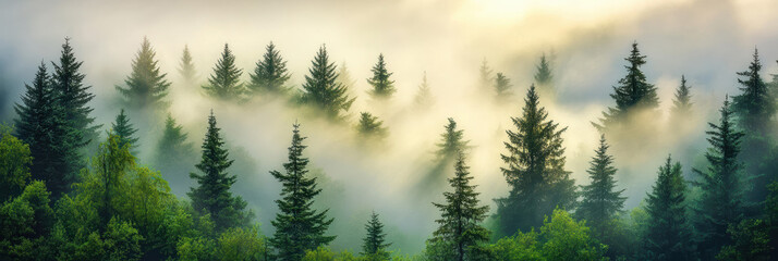 A tranquil pine forest shrouded in thick mist, where tall trees fade into the fog. Sunlight attempts to break through, casting gentle, diffused beams creating a serene, ethereal atmosphere.