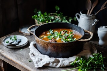 A rich beef stew in a rustic Dutch oven shows off glossy, slow-cooked meat and vegetables. The hearty meal epitomizes traditional comfort food with its savory, aromatic flavors.