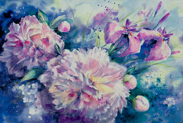 Art floral  watercolor background with white and light pink irises and peonies.