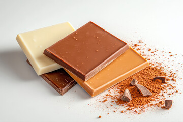 Three neatly aligned chocolate bars - white, milk, and dark, presented at a side angle. This diagonal arrangement highlights the variety and richness of artisanal chocolates for a delightful treat.