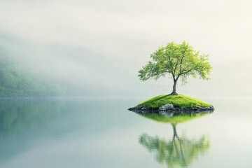A solitary tree with delicate branches and soft green leaves stands on a tiny grassy island. Surrounded by calm, mirror-like water, this serene scene reflects nature's simplicity and tranquility.