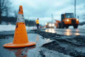 A sharply focused image of a single orange traffic cone set against a backdrop of an aligned pattern of cones. These safety cones create a striking visual in traffic control.