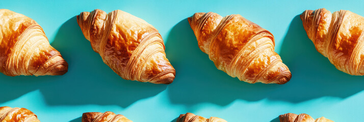 A captivating display of croissants artistically arranged on an electric blue background. This abstract pattern highlights the flaky textures and golden hues of the freshly baked pastries.