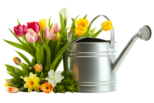 Galvanized metal watering can filled with a vibrant bouquet of colorful tulips daffodils and green foliage