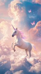 A vibrant unicorn with an opalescent horn joyfully prances across pastel clouds. The dreamy, watercolor-like sky enhances the whimsical and magical feel of this enchanting scene.