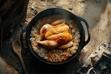A savory lemongrass chicken baked to perfection in a dark Dutch oven. This top-down view highlights the whole chicken's aromatic and tender appeal, accompanied by fluffy rice for a hearty meal.