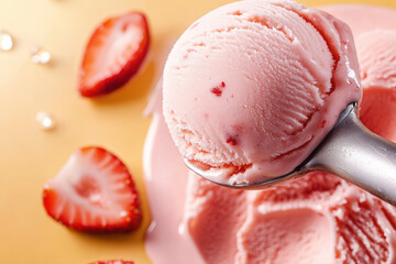 A metal scooper lifts a scoop of bright strawberry ice cream, showcasing a smooth, creamy surface with visible swirls. The frozen treat exudes a refreshing and fruity allure, perfect for summer.