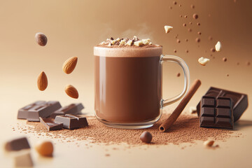A clear glass mug filled with rich cocoa is the highlight of this inviting scene. Its smooth, frothy top beckons to those seeking a warm, indulgent beverage experience.