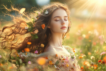 A woman in a petal and leaf dress stands serenely in a sunlit meadow. Her tranquil presence is intertwined with nature, creating a harmonious blend of human and floral beauty.