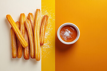 Golden crispy churros rest elegantly on a split-color backdrop, half pastel cream and half rich caramel. The churros' texture and color contrast beautifully with the soft hues.