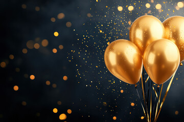 Luxurious gold balloons shine against a velvety dark setting. The delicate black satin ribbons add an elegant touch of sophistication to this opulent scene.
