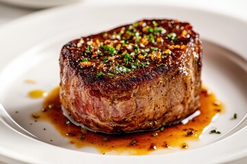 Savor the art of cuisine with a beautifully seared steak on a neutral-toned plate. Lush umami-rich sauces elevate the gourmet presentation, exemplifying fine dining aesthetics.