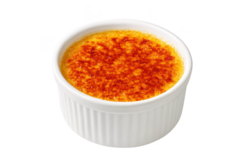 Delicious crème brûlée dessert isolated on transparent background, top view
