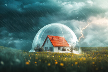 A house with a red roof is shielded under a transparent dome, depicting home insurance's protective nature. Outside, a raging storm with lightning and tornadoes showcases the dome's security.