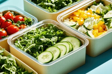 Pre-packaged salads in kraft boxes showcase vibrant fresh greens, with diced peppers and cucumbers arranged in colorful geometric patterns for an eye-catching, appetizing display.