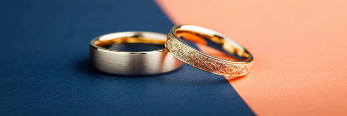 Two exquisite yellow gold wedding rings showcase detailed engravings and a mix of matte and polished finishes. Set against a striking navy and coral backdrop, they symbolize elegance and commitment.