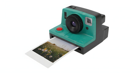 Teal instant camera printing a landscape photo