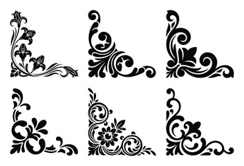 Collection of six ornate floral corner designs isolated on white background