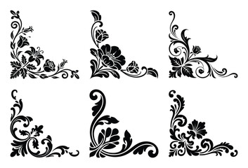 Collection of six ornate floral corner designs isolated on white background